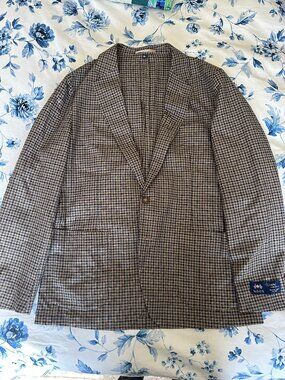 J.Crew Ludlow Slim Sportcoat Abraham Moon Cotton-Wool Tan Blue Guncheck 42R